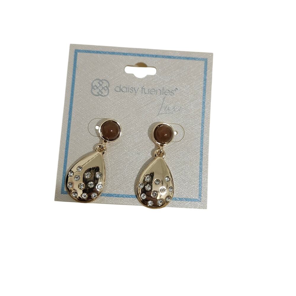 Daisy Fuentes Luxe Gold Tone Brown Rhinestone Teardrop Dangle Earrings NWT